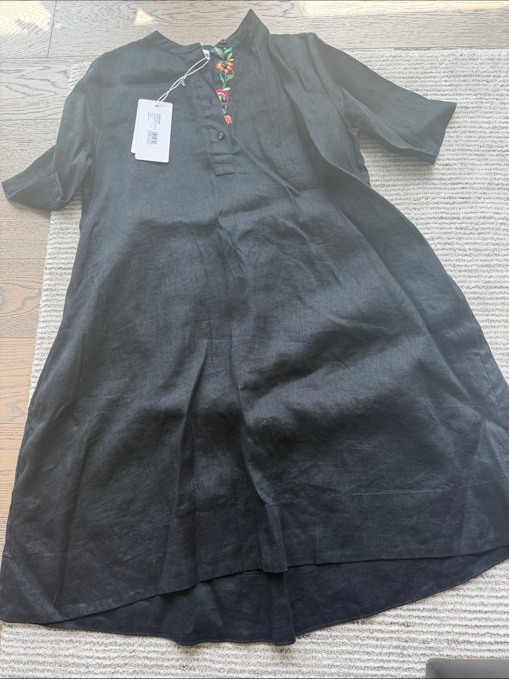 Johnny Was Black Short Sleeve Linen Tunic with Colorful Embroidered Detail